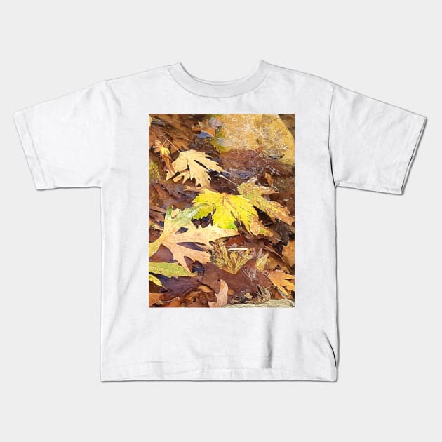 Fallen leaves floating in the river, 3, (Set of 3), fall, autumn, xmas, holiday, nature, forest, trees, winter, color, flowers, orange, art, botanical, leaves, leaf, floral, wet, rain, water, holidays, digital, spring, aqua, graphic-design, christmas Kids T-Shirt by PrintedDreams